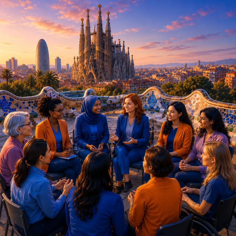 Mujeres reunidas en asamblea en el espacio público, representando democracia participativa y pluralismo feminista.