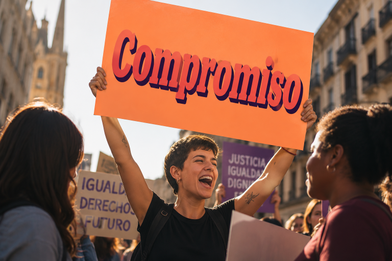Compromiso colectivo por la justicia social y de género Mujeres activistas levantan un cartel que dice “Compromiso” en una acción colectiva feminista.