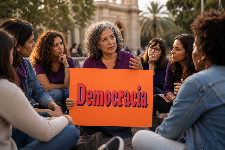 Democracia feminista y participación ciudadana activa Activista feminista sostiene un cartel con la palabra “Democracia” frente a un grupo en una protesta por la igualdad de género.