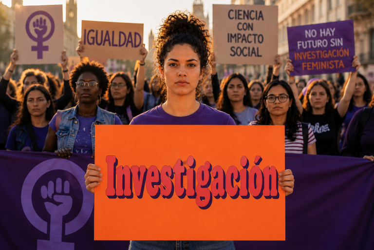 Investigación feminista como herramienta de cambio social Activista feminista sostiene un cartel con la palabra “Investigación” durante una manifestación por la igualdad.
